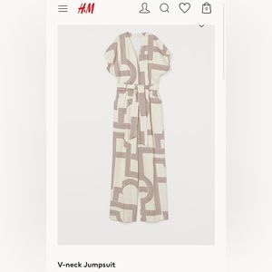 NWT H&M V-neck 70’s patterned cream white burgundy patterned jumpsuit size 8 6